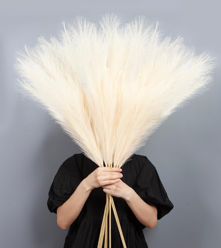 9 Pcs 45" Tall Pampas Grass Beige Decor, Long Stem Artificial Flower Floor Vase Large Faux Floral Pompas Fake Plants Dried Bouquet Arrangement Vase Filler for Boho Home Wedding Decoration - color: 9 Pcs 45" Beige Style