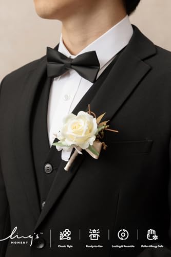 Ling's moment Boutonniere for Men, 6pcs Groom Groomsmen Boutonniere, Artificial Flowers for Wedding Decor/Prom/Homecoming, etc.Brown Beige White - color: Brn-brown Beige & White