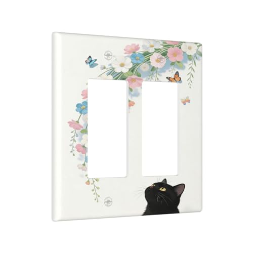 Decorative Art Light Switch Covers Black Cat Hanging Blooms 2 Gang Single Toggle Duplex Combination Electrical Faceplate Switchplate Wall Plate for Home Decor - color: Black Cat Hanging Blooms, size: 2-Gang Rocker /4.6 x 4.5 IN
