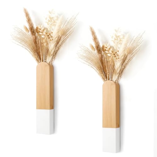 Modern Wood Wall Mounted Vase, White and Natural Wood, 11.8x2.6x1.6 Inches, Decorative Flower Holder for Bathroom Kitchen Farmhouse Dining Room - color: Natural and White