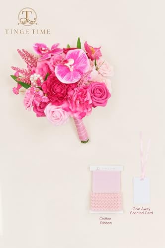 TINGE TIME 9 Inch Artificial Bridal Bouquet, Cascading Wedding Bouquet for Wedding Ceremony and Anniversary (Hot Pink) - color: Hot Pink