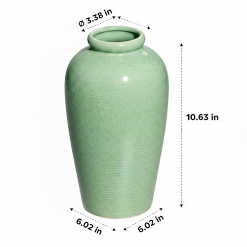 Green Ceramic Vase - 11 Inch Tall Modern Flower Vase for Pampas Grass, Pottery Decorative Vase for Centerpieces, Farmhouse Decor, Living Room, Kitchen, Shelf, Table Decor - color: Green