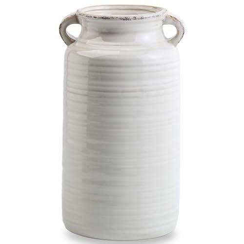 Ceramic Rustic Distressed White Flower Vase for Centerpieces, Kitchen, Office or Living Room (5.9''x10.2”) - color: White, size: 5.9''x 10.2”