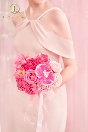 TINGE TIME 7inch Wedding Bouquets for Bridesmaid, Artificial Flowers Cascading Bridal Bouquet for Wedding (Hot Pink, Set of 4) - color: Hot Pink