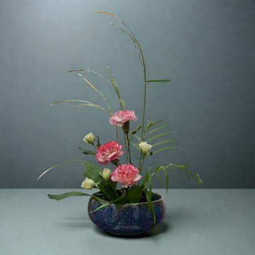 Water Lotus Bowl Planter Kit - Japanese Compote Bowl Ikebana Vase Set w/ 1.8" Floral Frog- Ideal for Ikebana, Flower Arrangement & Hydroponic Planting (Blue) - color: Blue