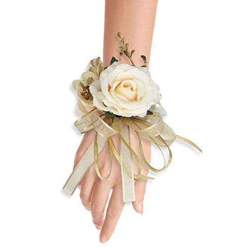 Bridal Wrist Corsage 2pcs Beige Satin Rose Hand Flower for Wedding Bride Bridesmaid Mother Sisters Wristband for Prom, Homecoming, Quinceanera, Tea Party, Bridal Shower, Formal Dinner - color: Beige Wrist Corsage