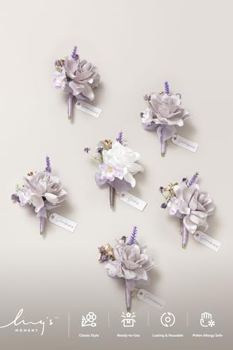 Ling's moment Wedding Artificial Flowers Package, Bridal Bouquet, Bridesmaid Bouquets, Boutonniere for Men, Rose Petals.Sage Orchid Purple Cream - color: Prpl-sage Orchid & Purple Cream