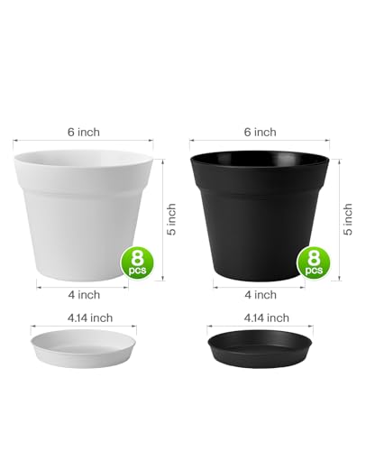 homenote Plant Pots,6 Inch Flower Pots for Plants Plastic Planters for Indoor with Multiple Drainage Holes and Trays, for All Home Garden Flowers Succulents,Outdoor(White&Black,16 Pack) - color: White & Black-16 Pcs, size: 6 Inch