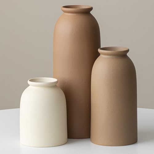 Large Decorative Ceramic Vase Set, 3 Pieces, Nordic Modern Boho Style, Earthtone Color Mix, Modern Farmhouse for Home Decor (XL Coffee Mix) - color: XL Coffee Mix