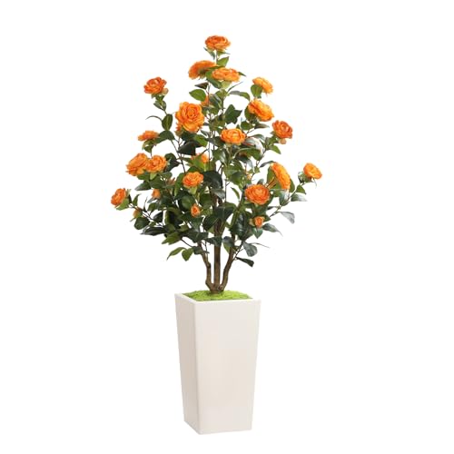 Romantic Season 4FT Artificial Camellia Tree with White Tall Planter, Orange Faux Camellia Plant Flower Tree for Modern Home Office Living Room Floor Décor Outdoor Indoor，Orange - color: Orange