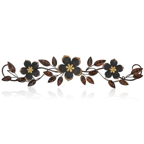 Wesiti Metal Flower Wall Decor Vintage Metal Flower Wrought Iron Scroll Sculpture 15.7''x3.7'' Not 3D, Flat Farmhouse Leaf Wall Decor with Nails for Summer Bedroom Kitchen Indoor Outdoor(Black) - color: Black