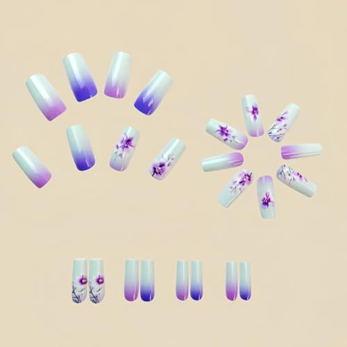 Flower Press on Nails Medium Square Fake Nails Purple False Nails with Gradient Designs Floral Glossy Stick on Nails Beautiful Glue on Nails Spring Acrylic Nails for Women Girls 24 Pcs - color: Flower Square29