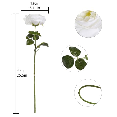 2Pcs 5.12" Silk Roses Big Bloom Fake White Rose with Stems 25.60" Long Real Touch Faux Rose Peonies Artificial Flowers for Arrangement Wedding Home Kitchen Spring Table Centerpiece (White) - color: White
