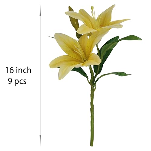 ATFL Artificial Lilies Flowers,9 Pcs Faux Lily Flowers,16''Tiger Lily Branches with 2 Full Blooms and 1 Bud,Faux Fake Lilies Plants for Wedding Bouquet Floral Arrangements (9, Yellow) - color: Yellow