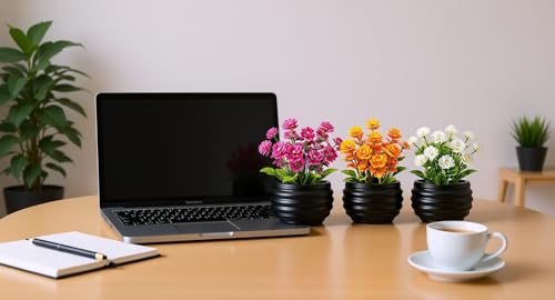 Smart Artificial Plants Set of 3, Mini Faux Flowers for Home, Office Desk, Bedroom & Bathroom Decor