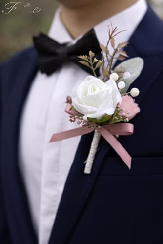 Fnize Pink Boutonniere for Men, 6 Pcs Groom Groomsmen Boutonnieres, Artificial Flowers for Wedding Prom Homecoming - color: Pink