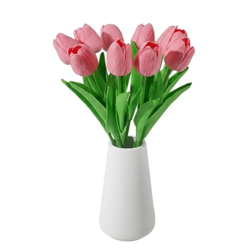 Real-Touch Artificial Tulips with Ceramic Vase, 10 Stems Faux Floral Arrangement, Spring Table Centerpiece, Modern Farmhouse Home Decor (Pink +vase) - color: Pink +Vase
