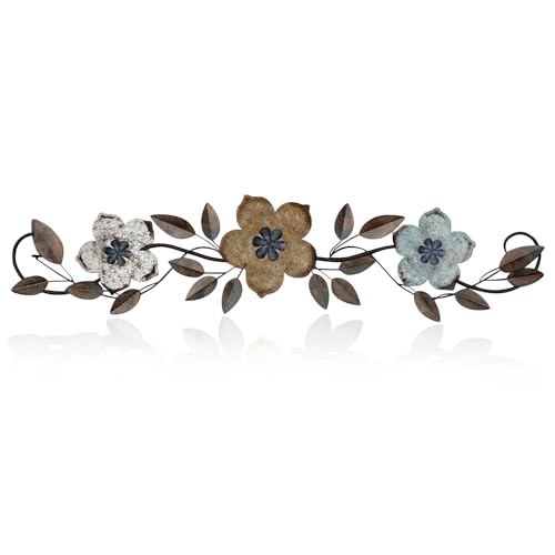Wesiti Metal Flower Wall Decor Vintage Metal Flower Wrought Iron Scroll Sculpture 15.7''x3.7'' Not 3D, Flat Farmhouse Leaf Wall Decor with Nails for Summer Bedroom Kitchen Indoor Outdoor(Colorful) - color: Colorful