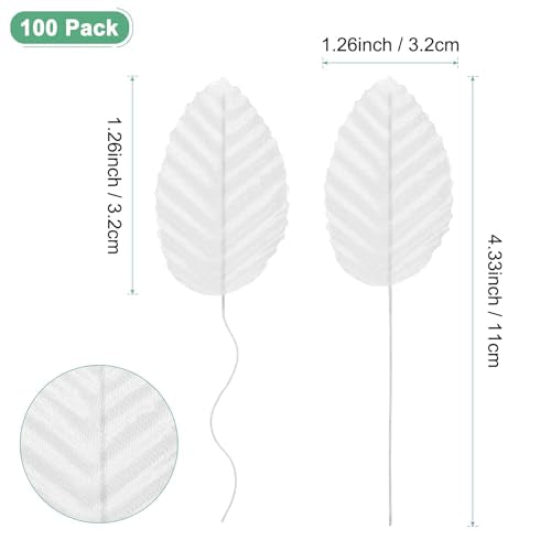 M METERXITY 100-Pack Artificial Silk Leaf, Faux Wire Single Leaves, Fake Flower Leaf with Stem for DIY Bouquet/Wreaths/Wedding/Garland/Party Decorations, Fake Rose Craft Leaves [White] - color: White