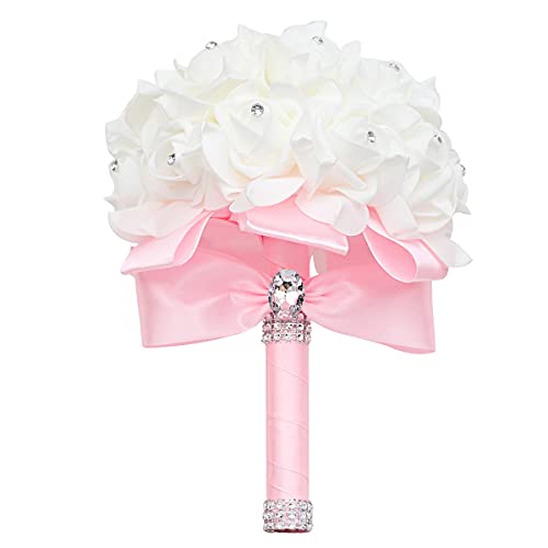 Yoanshop Wedding Bouquets for Brides or Bridesmaids Crystal Silk Roses Bridal Bridesmaid Wedding Hand Bouquet Artificial Fake Flowers (Pink) - color: Pink