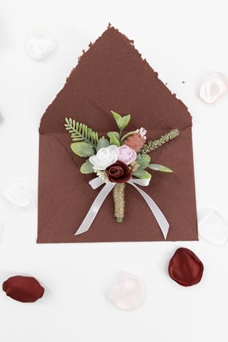 Burgundy White Corsage and Boutonniere Set Wrist Corsage Wristlet for Prom Groom Flower Boutonniere for Men Wedding Party Homecoming Accessories Suit - color: Burgundy White