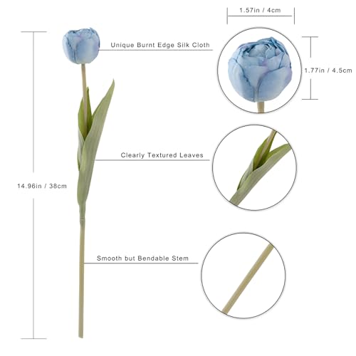 12 Pcs 15 Inch Vintage Blue Silk Faux Tulips for Home Office Decor | Realistic Silk Tulips Artificial Flowers, Multilayer Petals, for Home Office, Floral Arrangements, Table Centerpieces - color: Vintage Blue