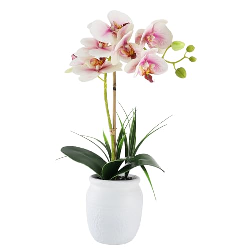 Orchid Artificial Flowers 18" Pink Fake Orchid Flowers in White Ceramic Pot Faux Orchid Plant for Home Decor Office Bathroom Table Centerpiece Indoor(Light Pink) - color: Light Pink-white