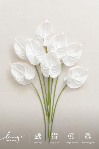 Ling's moment White Anthurium Flowers, 8pcs Artificial Foam Filler Plants, Faux Greenery Stems for DIY Wedding Bouquets Centerpieces Arrangements Bridal Shower Party Home Decorations - color: Wht-white