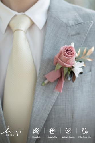 Ling's moment Boutonniere for Men, 6pcs Groom Groomsmen Boutonniere with Built-in Pins, Artificial Flowers for Wedding Decor/Prom/Homecoming, etc.Dusty Rose Mauve - color: Pk-dusty Rose & Mauve