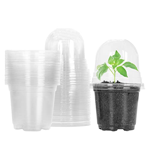 MIXC Clear Plant Nursery Pots with Humidity Dome 4" Soft Transparent Plastic Gardening Pot Planting Containers Cups Planter Small Starter Seed Starting Trays for Seedling with 10pcs Plant Labels - color: Transparent, size: 4 Inch-with Lid