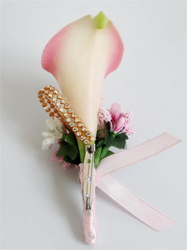 Calla Lily Boutonniere for Men Wedding Pink, Artificial Flower Groom Groomsman Boutonniere with Pins for Wedding Prom Party Homecoming Ceremony Anniversary Suit Decor - color: Pink
