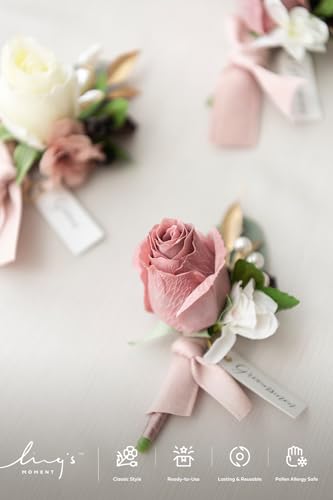 Ling's moment Boutonniere for Men, 6pcs Groom Groomsmen Boutonniere with Built-in Pins, Artificial Flowers for Wedding Decor/Prom/Homecoming, etc.Dusty Rose Mauve - color: Pk-dusty Rose & Mauve