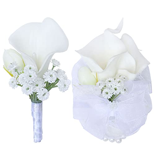 White Wrist Corsage and Men Boutonniere Set Artificial Calla Lily Bridesmaid Wrist Corsage and Groomsmen Boutonniere for Wedding Ceremony Anniversary Party Prom (1) - color: Corsage and Boutonniere