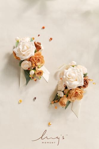 Ling's moment 2pcs Prom Wrist/Shoulder Corsage Artificial Flower, Girl/Mother Homecoming/Wedding Corsage Wristlet Décor, etc. Fall Terracotta Cream - color: Or-fall Terracotta & Cream