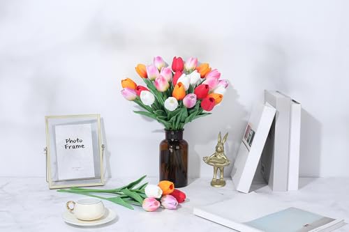 SITUMEIZI Fake Flowers Tulips Artificial PU Flower 15pcs Real Touch 14" for Spring Easter Home Kitchen Wedding Bouquet Bulk Mother's Gift Day Decorations(Multicolor,5-3) - color: Sunset Red,rose Red#,red,light Purple,white