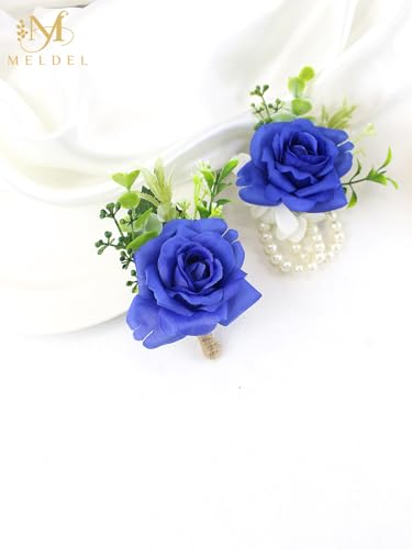 Navy Blue Boutonniere and Wrist Corsage for Dance Party, Wedding | Pearls Wristlet Corsage for Bride Bridesmaids, Boutonniere for Groom Best Man Wedding Flower Accessories Prom Ceremony Party - color: Royal Blue 1 Boutonniere&1 Wrist Corsage