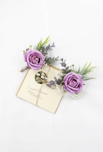 Ansofi Purple Corsage and Boutonniere Set Artificial Rose Flower Wrist Corsage and Boutineers for Groom Groomsmen Bride Bridesmaids Prom Rustic Vintage Wedding Decor - color: Purple