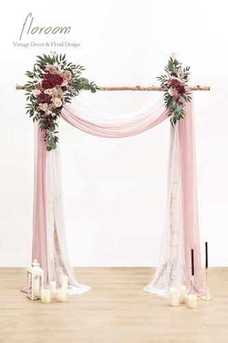 Floroom Arch Flowers with Drapes Kit (Pack of 4) - 2pcs Artificial Marsala & Champagne Floral Swag Arrangement with 2pcs Draping Fabric for Wedding Ceremony Arbor and Reception Backdrop Decoration - color: Marsala & Champagne