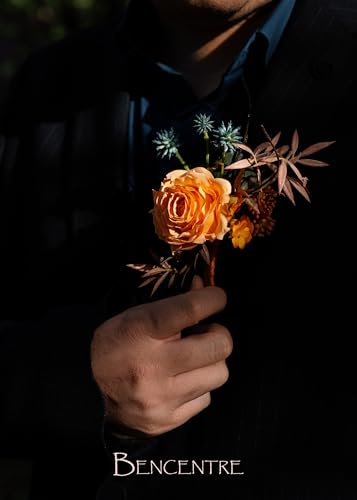 Burnt Orange&Teal Boutonniere for Men,Prom boutonnieres,Groom and Groomsmen Boutonniere for Ceremony Anniversary, Fall Wedding Decorations,Formal Dinner Party and Grad Night (Set of 6) - color: Burnt Orange&teal, size: set of 6