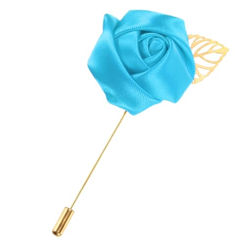 M METERXITY 1-Pack Flower Lapel Pins for Men, Golden Leaf Rose Boutonnieres Pin Groom Boutonnieres for Wedding/Dance/Party, Men Lapel Pins for Suits Satin Flower Corsage [Blue] - color: Blue