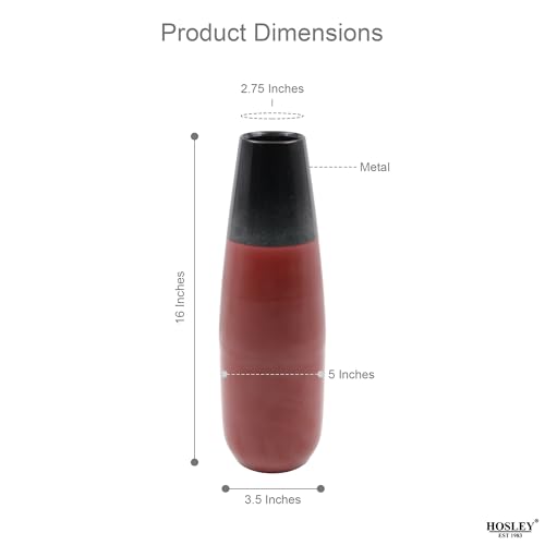 Hosley Metal Flower Vase 16 Inch High - Elegant Coffee Table Decor and Table Decor Accent for Side Tables and Dried Floral Arrangements Ideal for Gifts - color: Red & Black