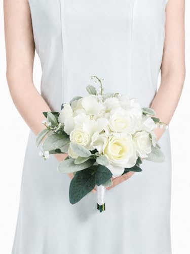 Rinlong White Green Bridesmaid Bouquet for Wedding, Prom, Homecoming | Silk Bridal Bouquet, Destination Friendly - color: 12-white Hydrangea