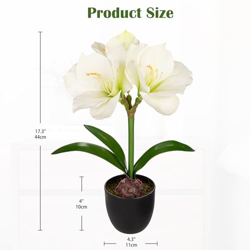 Briful White Amaryllis Fake Flowers 17.3'' Tall Silk Amaryllis Plant in Black Pot Artificial Floral Arrangement with Decorative Bulb for Home Office Bathroom Kitchen Table Holiday Décor - color: White, size: Black Plastic Pot