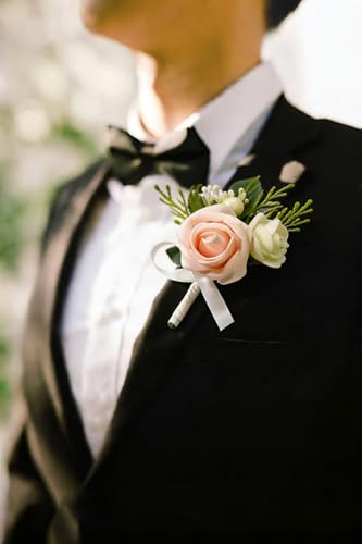 6PCS Blush Pink Boutonniere for Men,Coral Pink Boutonniere Pins for Men Groomsmen Guest, Artificial Flowers for Wedding Decor Prom Homecoming - color: Blush Pink