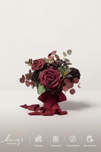 Ling's moment Red Bridesmaid Bouquets Set of 6,Burgundy & Black Baccara Artificial Wedding Flower Bouquets Floral Bouquet Bridesmaid Bouquets with Ribbon,Ceremony,Anniversary,7-inch Diameter - color: Rd-burgundy & Black Baccara