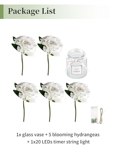 BLOSMON Fake Flowers in Vase for Table: White Artificial Hydrangea with Glass Vase LED Light for Centerpieces Decor - Small Faux Arrangements Desk Vanity Bathroom Office Decoration - color: White