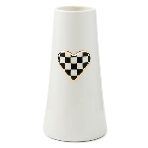 MACKENZIE-CHILDS Ceramic Heart Vase, Unique Decorative Vase, Tall, Black-and-White Courtly Check - size: Tall