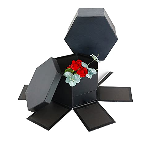 USA-SALES UNIKPACKAGING Premium Quality Hexagon Shape Flower Gift Box, w Drawer, Size 9.5″ x 8.3″ x 6.1″ inch, for Luxury Style Flower Arrangements (Black) - color: Black