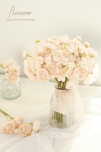 Floroom Ranunculus Artificial Flowers 18 Pcs Champagne Faux Silk Mini Ranunculus Bulk Fake Wedding Filler Flowers for DIY Cream Bouquets, Centerpieces, Bridal Shower Decorations & Arrangements - color: Cream