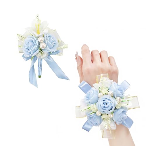 Light Blue Rose Corsage and Boutonniere Set, Prom Flower Wrist Corsage Wristlet Band Bracelet, Boutonniere for Men White Wedding Flowers Accessories Prom Suit Decorations - color: Light Blue